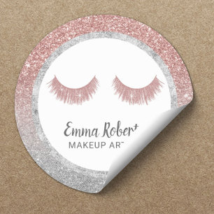 Lashes Makeup Artist Rose Gold & Silver Glitter Classic Round Sticker