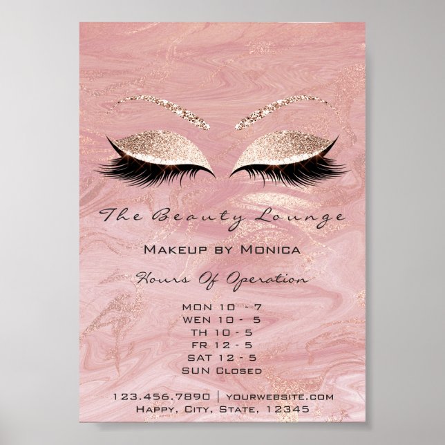Lashes Makeup Opening Hours Marble Salon Glitter Poster (Front)