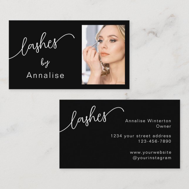 Lashes Minimal Black White Script Photo Business Card (Front/Back)