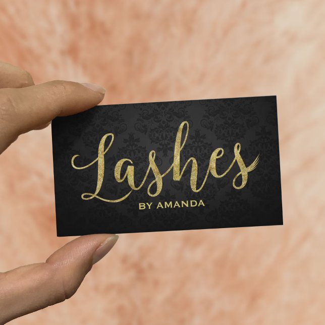 Lashes Modern Gold Script Elegant Dark Damask Business Card (Creator Uploaded)