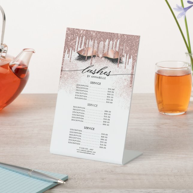 Lashes Modern Rose Gold Price List   Pedestal Sign (In SItu)