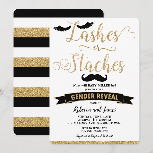 Lashes or Staches Gender Reveal Baby Shower Gold Invitation (Front/Back)