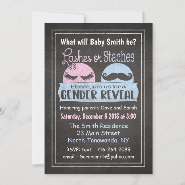 Lashes or Staches gender reveal invitation (Front)