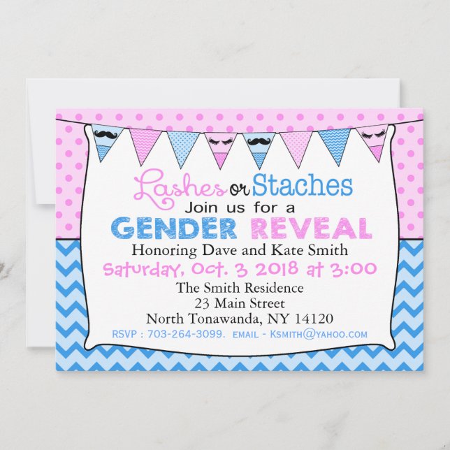 Lashes or Staches gender reveal invitation (Front)