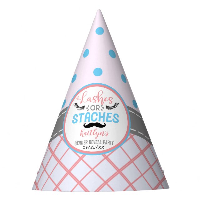 "Lashes Or Staches" Modern Gender Reveal Party Party Hat (Front)