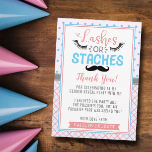 "Lashes Or Staches" Modern Gender Reveal Party Thank You Card