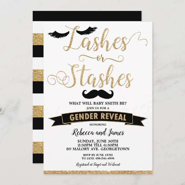 Lashes or Stashes Gender Reveal Baby Shower Gold Invitation (Front/Back)