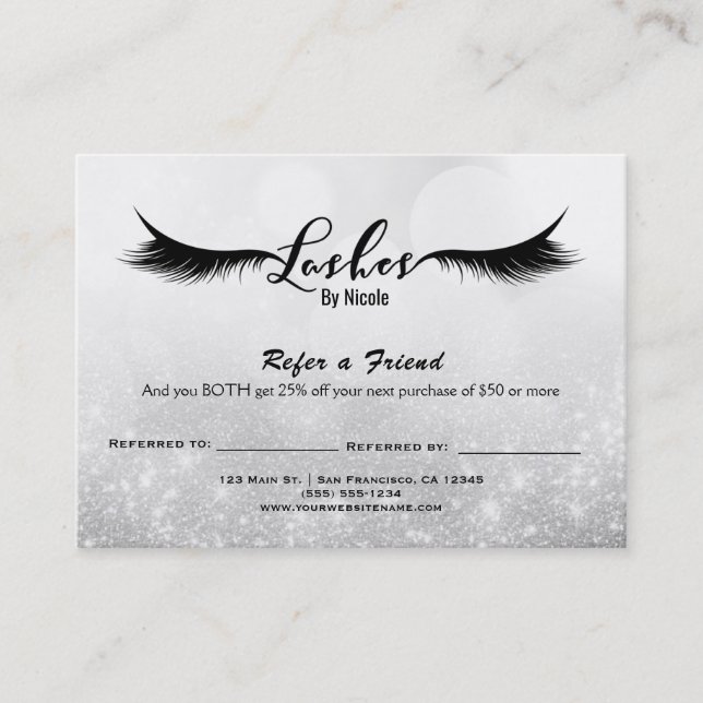 Lashes Refer a Friend Aftercare Instruction Silver Referral Card (Front)
