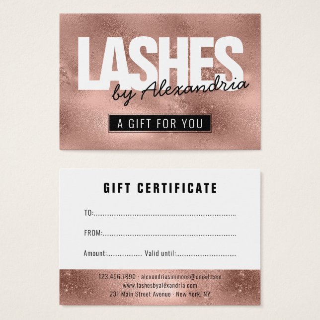 Lashes Rose Gold Pink Sparkle Gift Certificate (Front & Back)