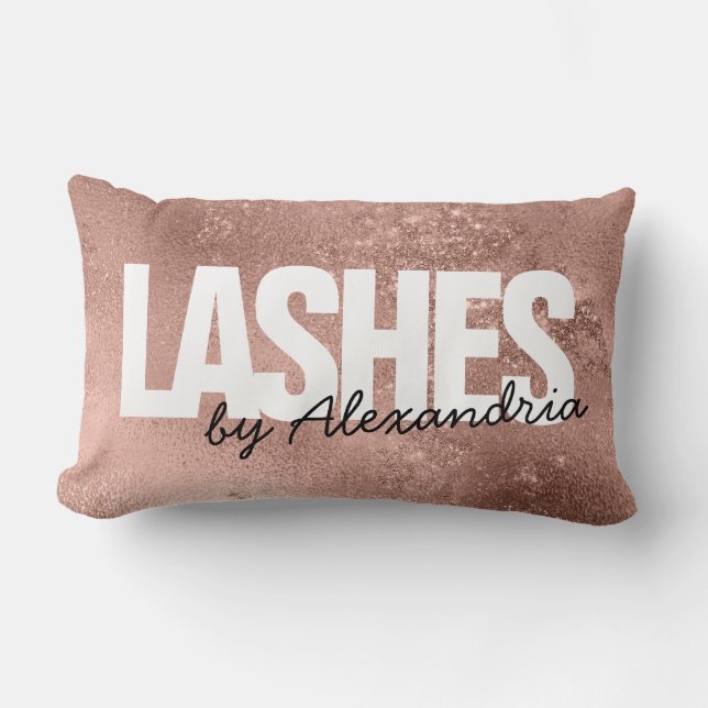 Lashes Rose Gold Sparkle Script Name Beauty Salon Lumbar Cushion (Front)