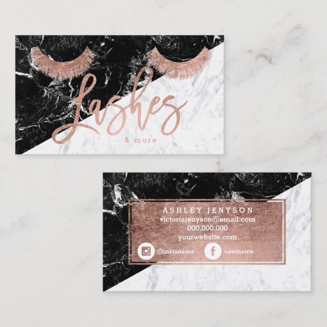 lashes rose gold typography black white marble business card (Front/Back)