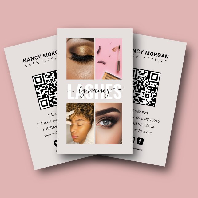 Lashes Script Photo Collage Qr Code Beige  Business Card (Creator Uploaded)