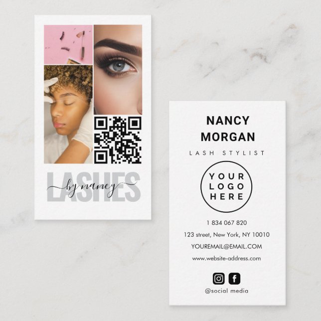  lashes Typography 3 Photo Collage Qr Code Logo  Business Card (Front/Back)