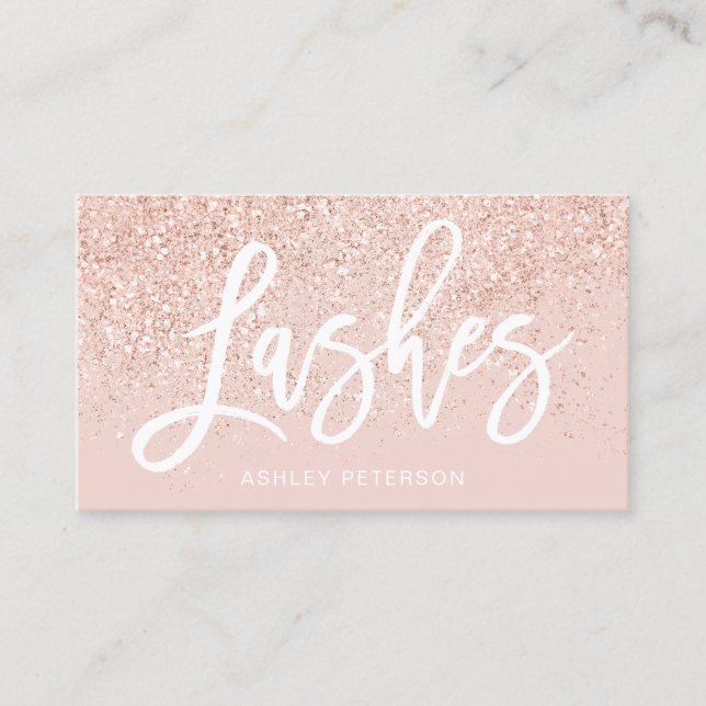 Lashes typography rose gold glitter blush pink business card (Front)