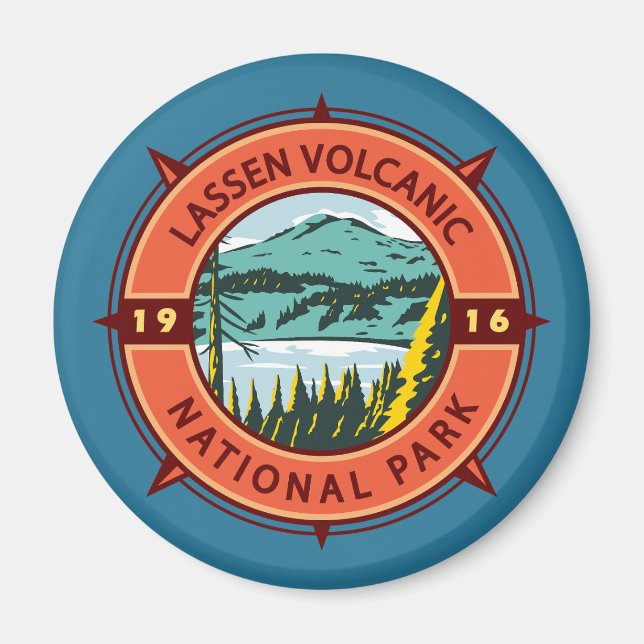 Lassen Volcanic National Park Retro Compass Emblem Magnet (Front)