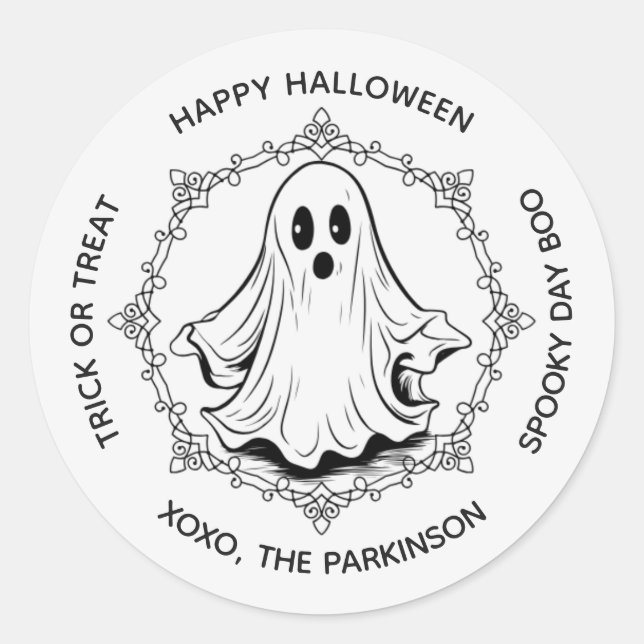 lassic Ghost Round Sticker – Happy Halloween (Front)