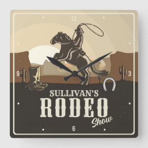 Lasso Roping Roundup ADD NAME Western Rodeo Show Square Wall Clock