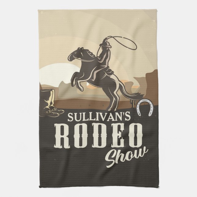 Lasso Roping Roundup ADD NAME Western Rodeo Show Tea Towel (Vertical)