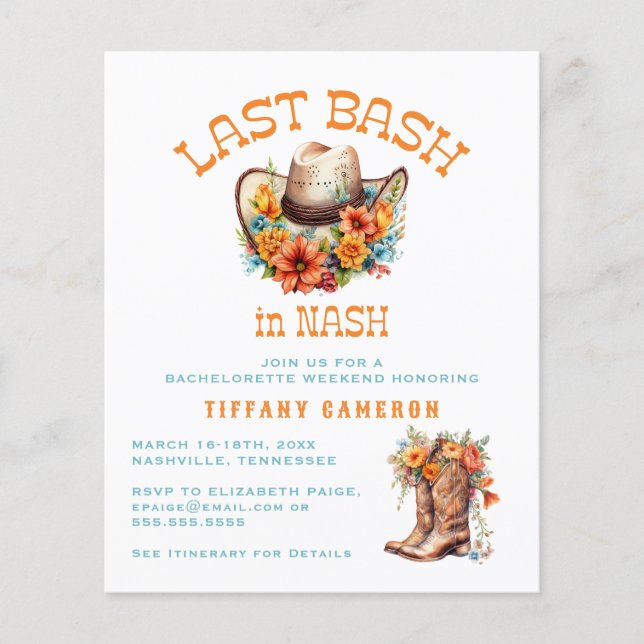 Last Bash Nash Cowgirl Bachelorette Party Budget Flyer (Front)