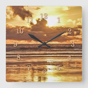 LAST CALL GOLDEN SUNSET SURFER SQUARE WALL CLOCK