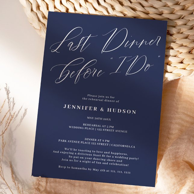 Last dinner navy blue wedding rehearsal dinner invitation (Creator Uploaded)