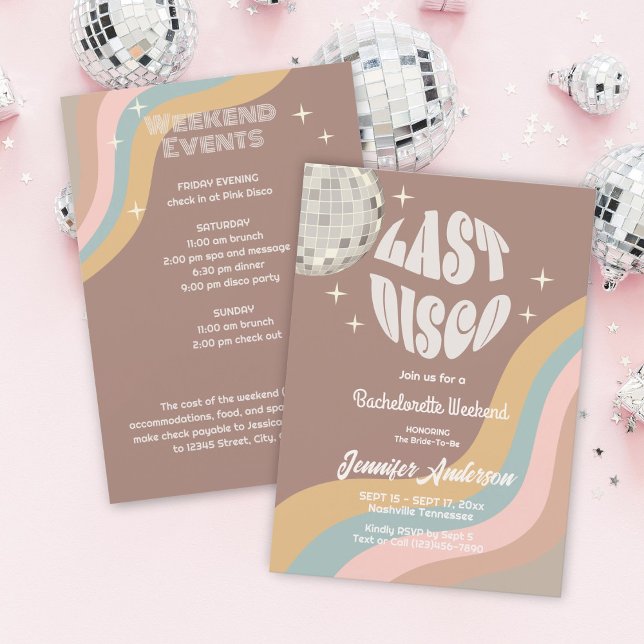Last Disco 70s Retro Groovy Bachelorette Weekend Invitation (Creator Uploaded)