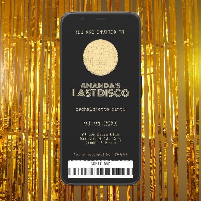 Last Disco Bachelorette Party Golden Ticket Invitation (last disco bachelorette party invitation golden disco ticket)