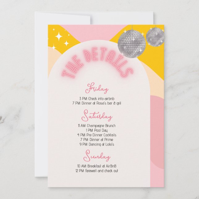 Last Disco Bachelorette Weekend Itinerary Invitation (Front)