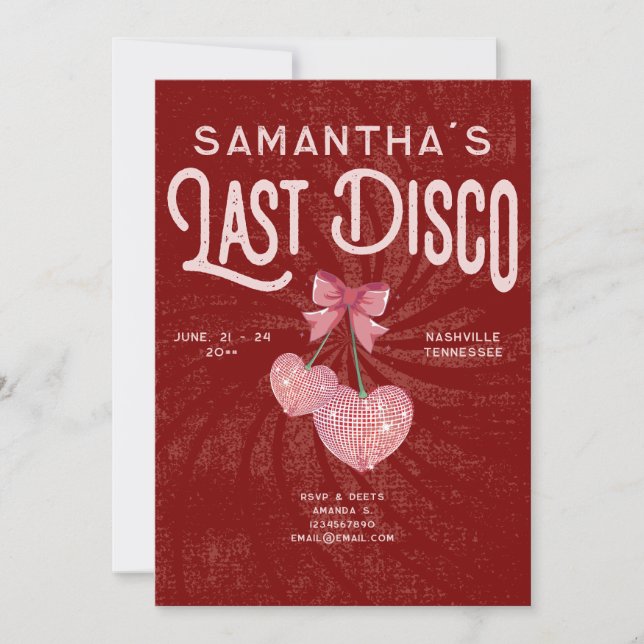 Last Disco Ball Coquette Cherry Red Bachelorette Invitation (Front)