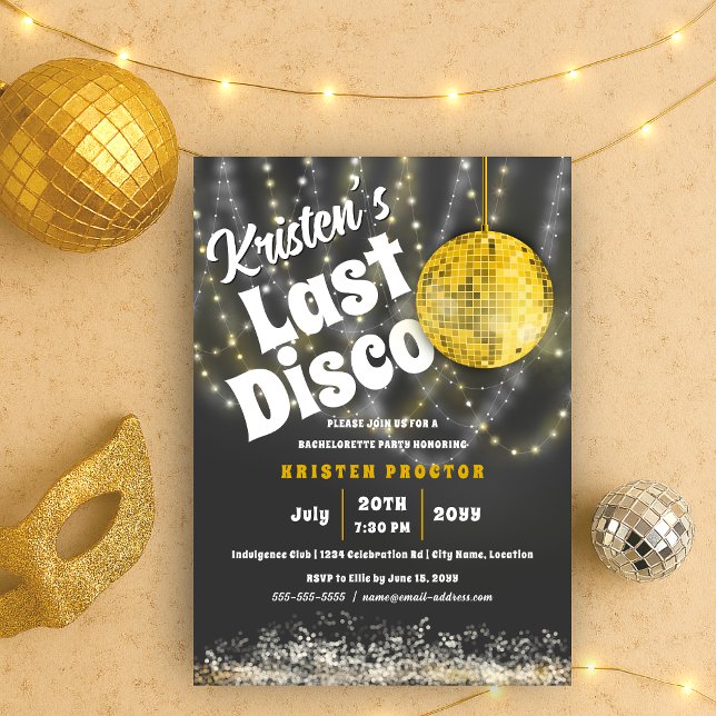 Last Disco Bash Bachelorette Party Glam Gold Invitation (Gold glam disco ball retro last disco bachelorette party invitation front view)