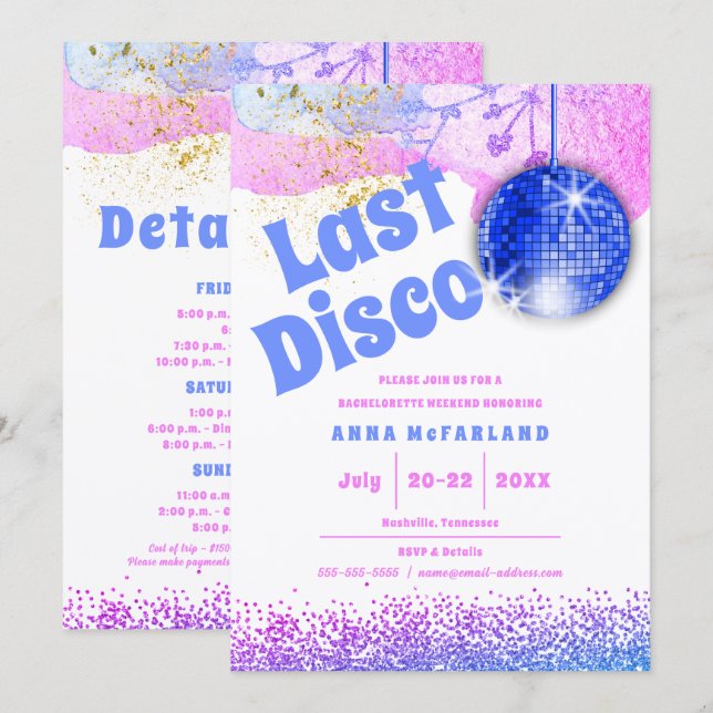 Last Disco Glam Retro Blue Pink Bachelorette Invitation (Front/Back)