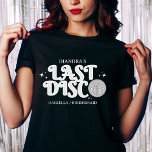 Last Disco Name Retro Silver 70s Bachelorette  T-Shirt<br><div class="desc">Last disco 70s style bachelorette party t-shirt. Shirt features disco ball and black and silver retro font with text last disco. Click customise to add your names and details or edit in design tool for further editing.</div>