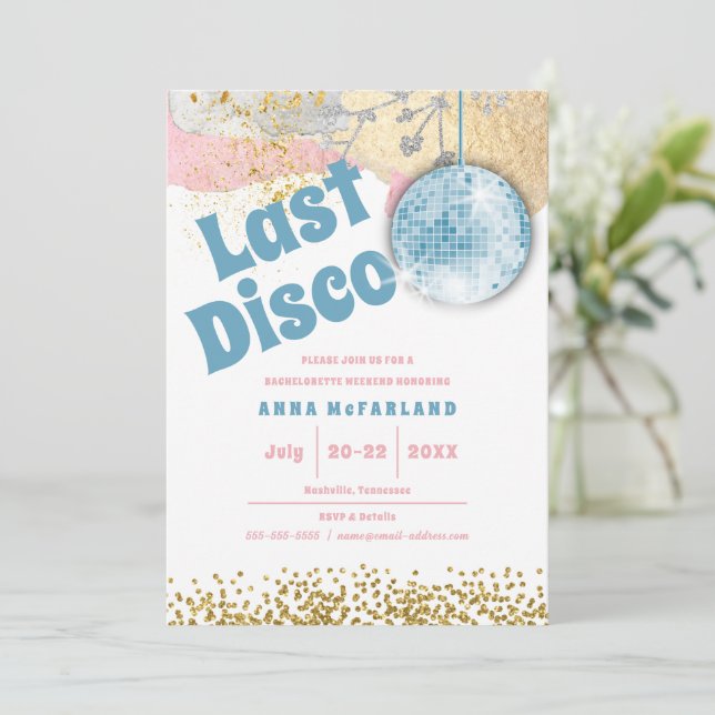 Last Disco Retro Glam Bachelorette Blue Gold Pink Invitation (Standing Front)
