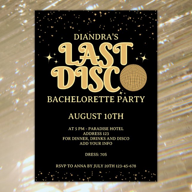 Last Disco Retro Gold Glitter 70s Bachelorette Invitation (Last disco retro golden glitter bachelorette party invitation)