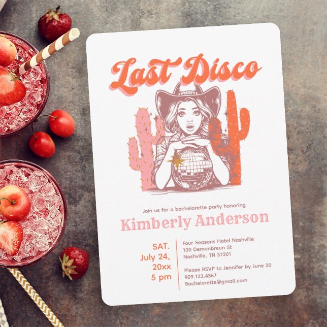 Last Disco Retro Pink Cowgirl Bachelorette Party  Invitation (Creator Uploaded)