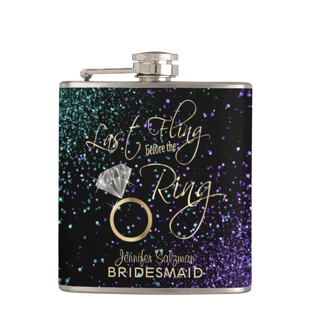 Last Fling before the Ring - Teal & Purple Hip Flask (Front)