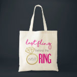 Last Fling Before the Ring Tote Bag<br><div class="desc">Gold sparkle bachelorette tote bag. Personalise it by using the "customise" button. Buy for all the girls or just the bride-to-be to remember the special night with just the girls.</div>