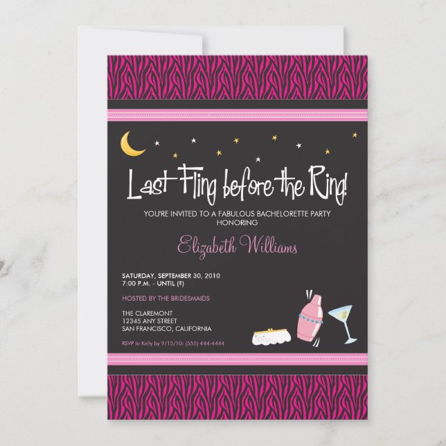 Last Fling Zebra Bachelorette Invitation (fuschia) (Front)