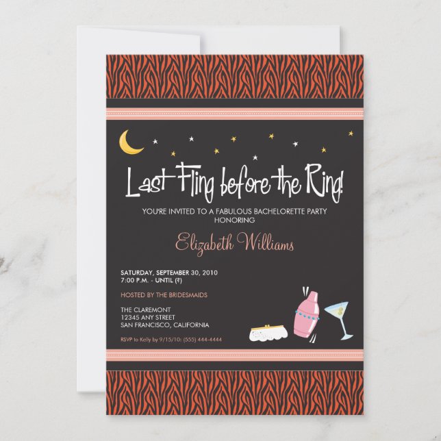 Last Fling Zebra Bachelorette Invitation (orange) (Front)