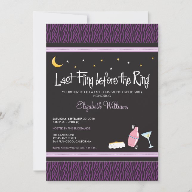 Last Fling Zebra Bachelorette Invitation (purple) (Front)