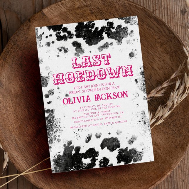 Last Hoedown Cow Print Hot Pink Bridal Shower Invitation (Creator Uploaded)