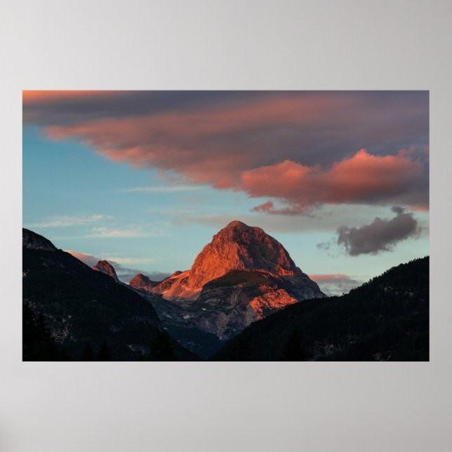 Last light of sun on mountain Mangart, Slovenia Poster (Front)