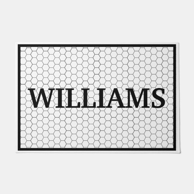 Last Name Black and White Hex Tile Doormat (Front)