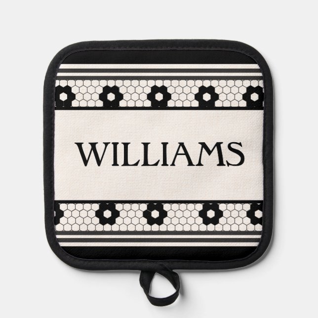 Last Name Black and White Tile Design Custom Gift Pot Holder (Front)
