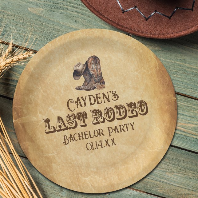 Last Rodeo Cowboy Grunge Brown Bachelor Party Paper Plate (Creator Uploaded)
