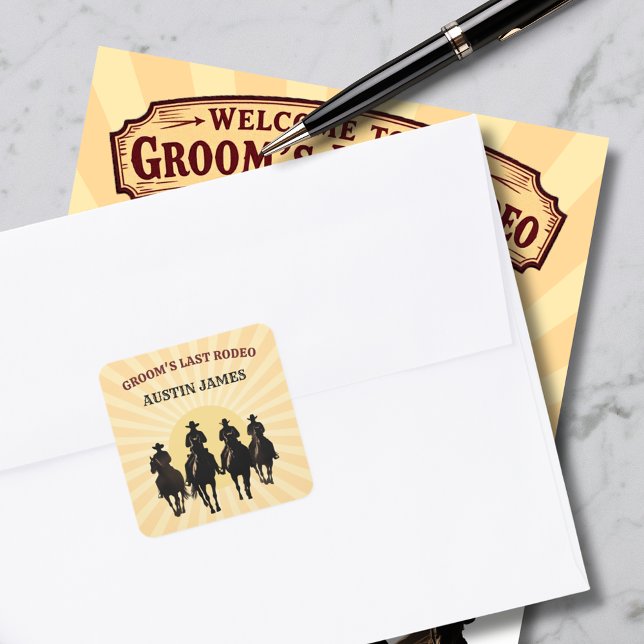 Last Rodeo Cowboys Sunset Groom's Name Bachelor Square Sticker (Last Rodeo Cowboys Sunset Groom's Name Bachelor Square Sticker)