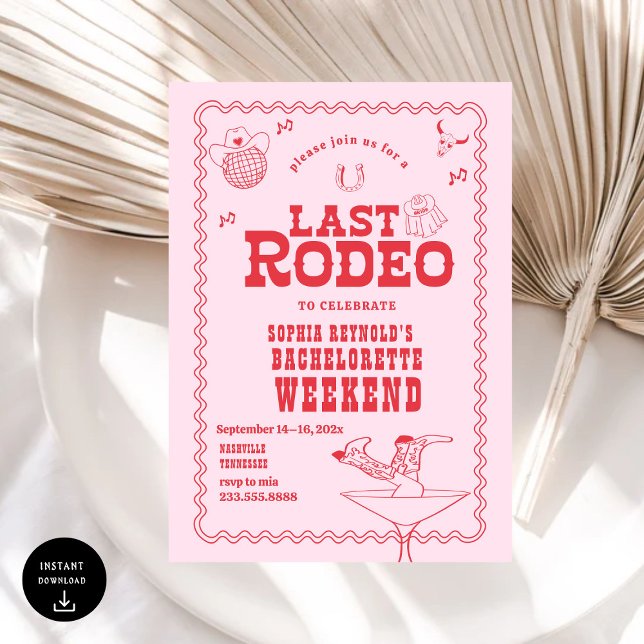 Last Rodeo Cowgirl Pink and Red Bachelorette  Invitation (Creator Uploaded)