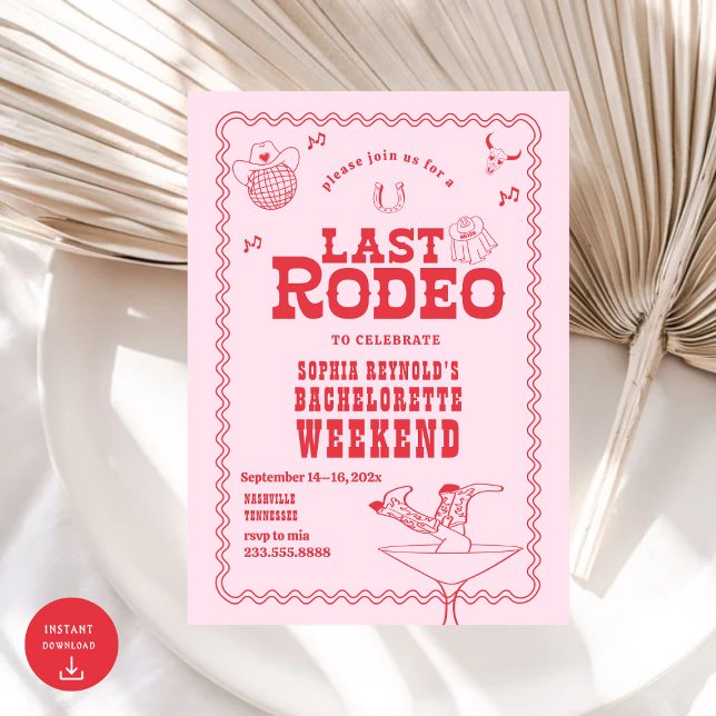 Last Rodeo Cowgirl Pink and Red Bachelorette  Invitation (Creator Uploaded)