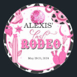 Last Rodeo Custom Classic Round Sticker<br><div class="desc">Perfect item to Celebrate that Special Bride to Be!

For digital version of invitation or digital matching items visit our Etsy shop:
Invitation: 
https://www.etsy.com/listing/1451684554/last-rodeo-bachelorette-party-invitation?click_key=bbe56b86965b9e452377b55726102261ad866ea0:1451684554&click_sum=81ce8c85&ga_search_query=last+rodeo&ref=shop_items_search_1&pro=1

Matching Items: 
https://www.etsy.com/shop/BDPDesignsWeddings?ref=seller-platform-mcnav&search_query=last rodeo</div>