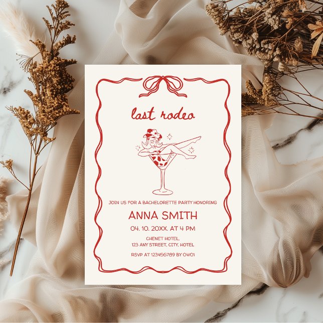 Last Rodeo Hand-drawn Cowgirl Red Bachelorette Invitation (Last Rodeo Bachelorette Party Nash Bash, Giddy Up, Let's go girls, hand-drawn invitation Cowgirl)